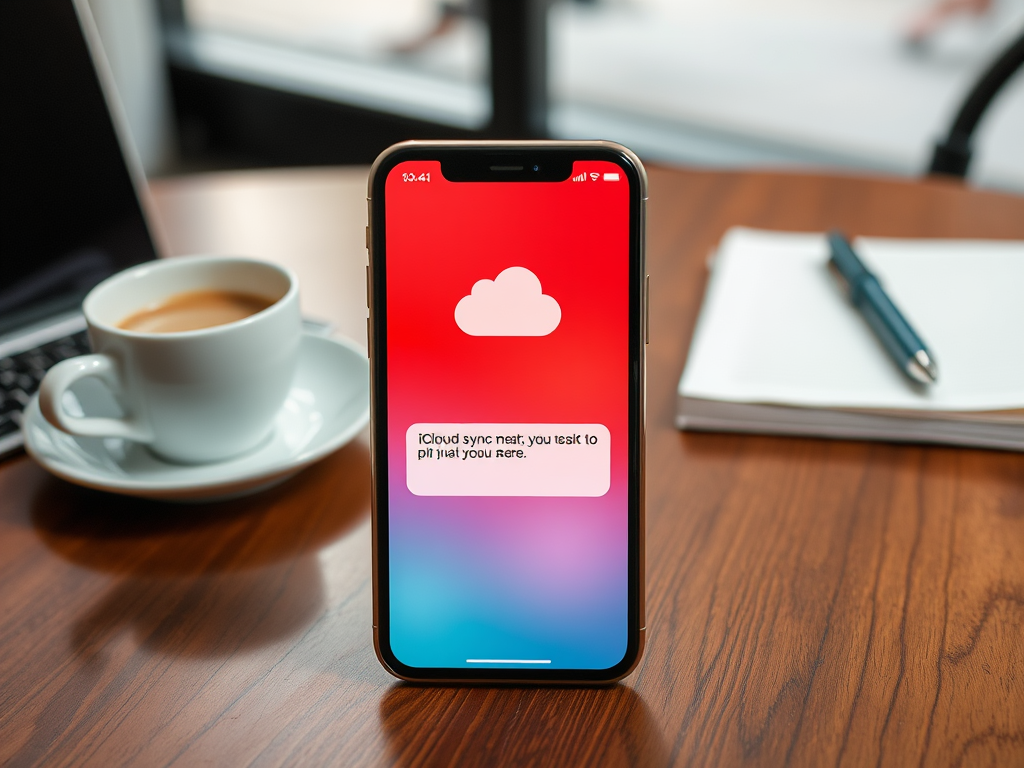 На экране смартфона сообщение об ошибке iCloud, рядом с чашкой кофе и блокнотом.