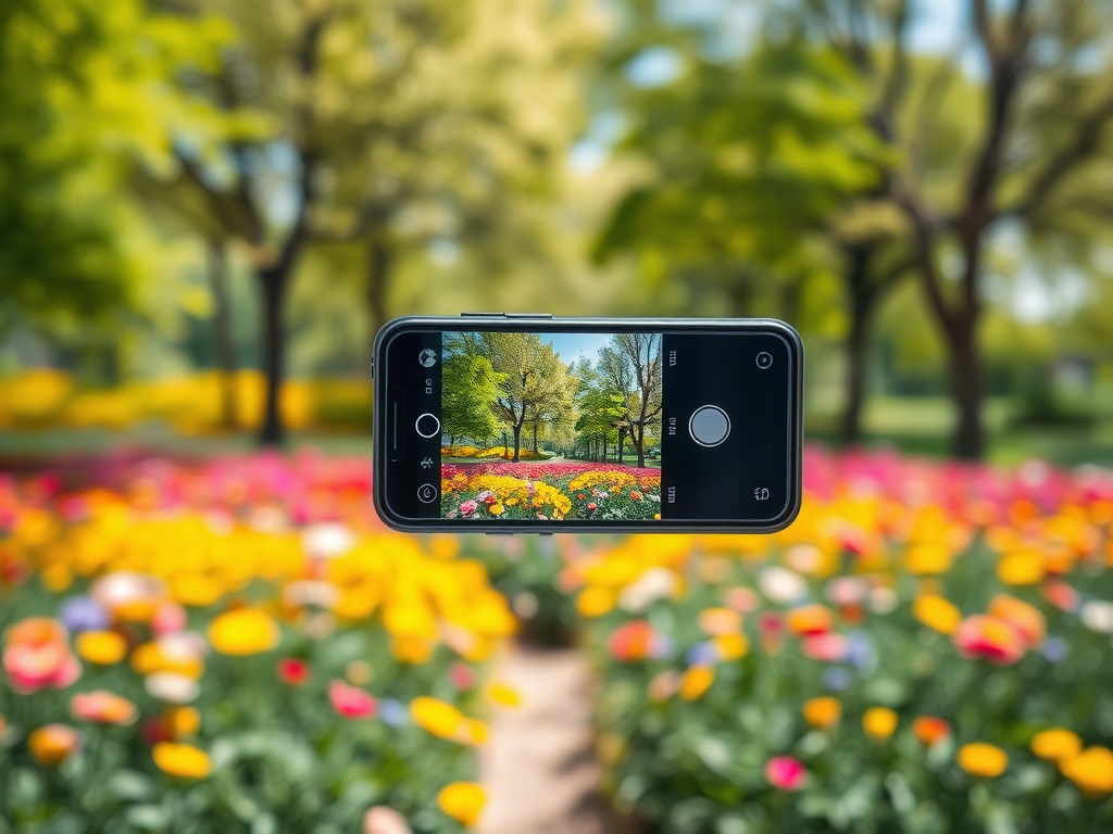 Смартфон фотографирует цветущий парк с яркими цветами и зелеными деревьями на фоне.
