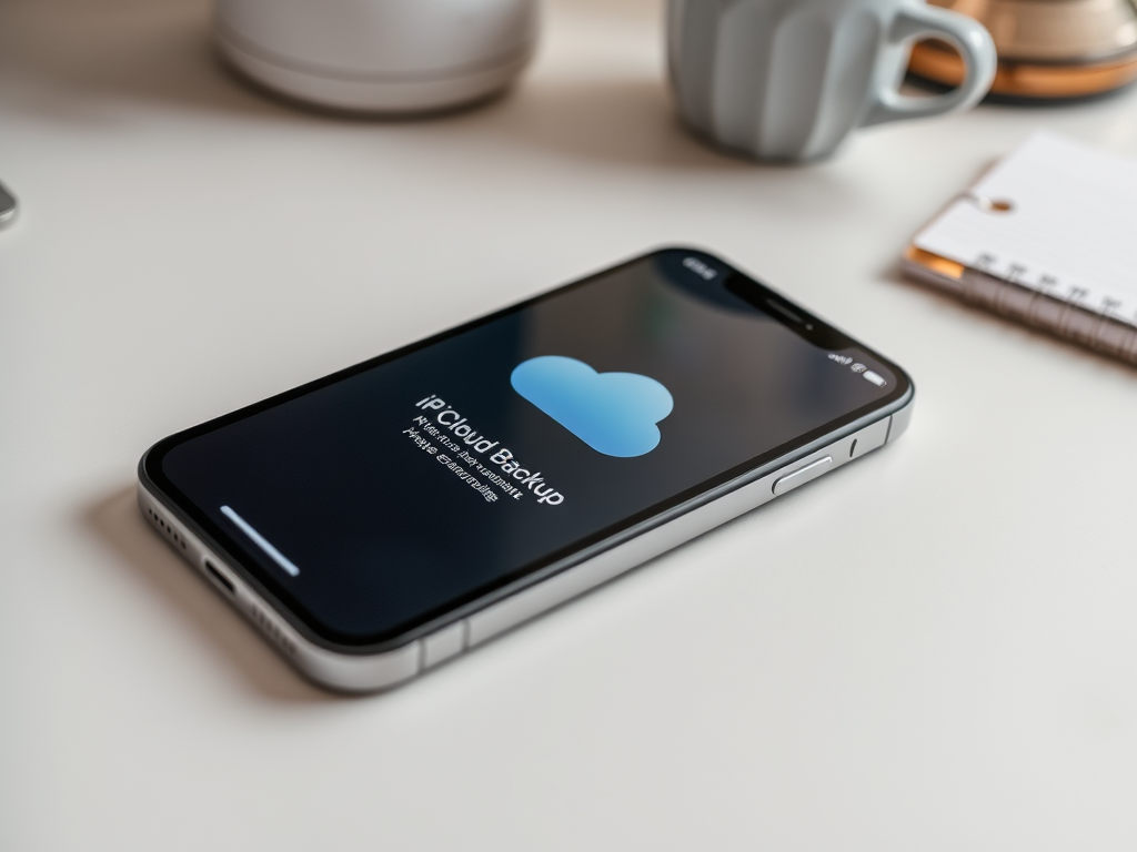 На изображении видно iPhone с экраном "iCloud Backup" и стаканом за ним.
